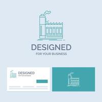 Factory. industrial. industry. manufacturing. production Business Logo Line Icon Symbol for your business. Turquoise Business Cards with Brand logo template vector