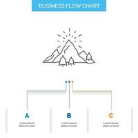 hill. landscape. nature. mountain. fireworks Business Flow Chart Design with 3 Steps. Line Icon For Presentation Background Template Place for text vector