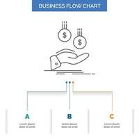 coins. hand. currency. payment. money Business Flow Chart Design with 3 Steps. Line Icon For Presentation Background Template Place for text vector