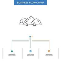 mountain. landscape. hill. nature. tree Business Flow Chart Design with 3 Steps. Line Icon For Presentation Background Template Place for text vector