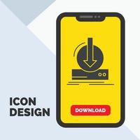 suma. contenido. dlc. descargar. icono de glifo de juego en el móvil para la página de descarga. fondo amarillo vector