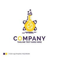 diseño del logotipo del nombre de la empresa para la investigación. laboratorio. matraz. tubo. desarrollo. diseño de marca púrpura y amarillo con lugar para eslogan. plantilla de logotipo creativo para pequeñas y grandes empresas. vector