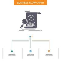 análisis. analítica. negocio. financiero. Investigue el diseño del diagrama de flujo empresarial con 3 pasos. icono de glifo para el lugar de plantilla de fondo de presentación para texto. vector