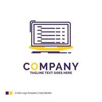 Company Name Logo Design For Api. app. coding. developer. laptop. Purple and yellow Brand Name Design with place for Tagline. Creative Logo template for Small and Large Business. vector