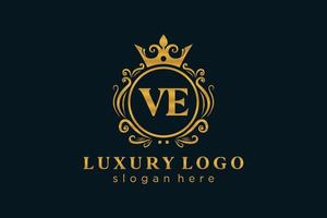 Initial VE Letter Royal Luxury Logo template in vector art for Restaurant, Royalty, Boutique, Cafe, Hotel, Heraldic, Jewelry, Fashion and other vector illustration.