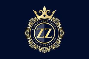 ZZ Initial Letter Gold calligraphic feminine floral hand drawn heraldic monogram antique vintage style luxury logo design Premium Vector