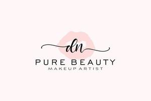 diseño de logotipo prefabricado de labios de acuarela dn inicial, logotipo para marca comercial de artista de maquillaje, diseño de logotipo de boutique de belleza rubor, logotipo de caligrafía con plantilla creativa. vector