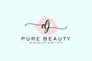 diseño de logotipo prefabricado inicial de labios de acuarela dj, logotipo para la marca comercial de maquilladores, diseño de logotipo de boutique de belleza rubor, logotipo de caligrafía con plantilla creativa. vector