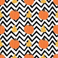 Orange pumpkin, autumn leaves on black zigzag lines background. Simple Halloween seamless patterns, fall pumpkin, autumn texture. Trendy Thanksgiving endless wallpaper, surface. Vector illustration.