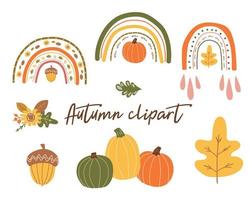 Autumn vector clipart. Autumn rainbow, cute fall pumpkin, leaves, fall flower, acorn. Autumn trendy set. Fall graphic elements collection. Hand drawn kids orange pumpkin, rainbow. Vector illustration.