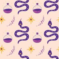 Mystical snake, star. Occult pattern. Magic elements snake potion bottle, star, herb. Hand drawn magical occult illustration. Graphic boho spiritual background. Vector serpent seamless pattern Violet.