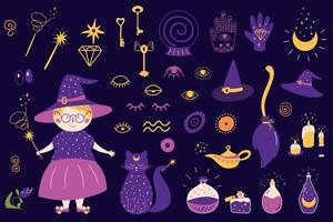 Witch elements set. Magic set, Halloween witchcraft elements isolated icons. Cartoon witch hat, potion, key, eyes, cat, hand, broom alchemy mystery objects, candles. Cute Helloween vector illustration