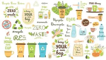 Zero waste elements set. Recycle clip art Eco friendly stickers Reusable items products collection. Eco grocery bags thermo mug plastic bottle garbage can. Ecological cute cartoon vector illustration.