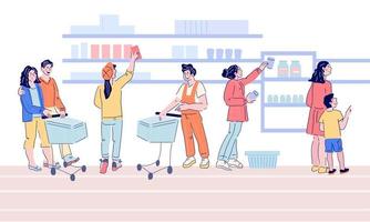 People in supermarket flat horizontal banner with people buying foods and goods. Shopping service in grocery store scene with men and women cartoon characters. Flat vector illustration.