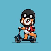 Cute red panda ridding kick scooter and wear helmet vector