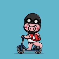 Cute pig ridding kick scooter and wear helmet vector