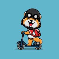 Cute tiger ridding kick scooter and wear helmet vector