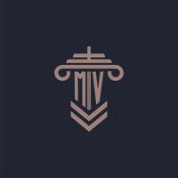 MV initial monogram logo with pillar design for law firm vector image