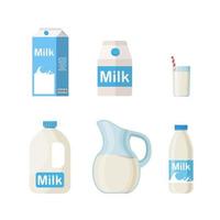 juego de leche en diferentes envases, vidrio, cartón, botella aislada en fondo blanco vector