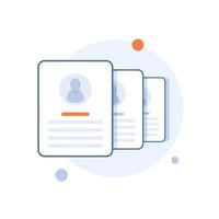 Documents with personal data vector illustration, flat cartoon paper document pile or stack with user profile data and photo, concept of interview job