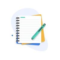 bolígrafo con cuaderno, concepto de escritura de diseño plano vector