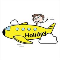 activo del personaje de dibujos animados de un joven empresario de vacaciones usando un avión vector