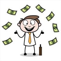 asset of a young businessman cartoon character being showered with a lot of money vector