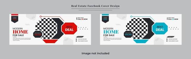 casa en venta y venta de propiedades y alquiler diseño de banner de portada digital con formas rojas y azules vector