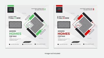 diseño de publicaciones en redes sociales de casas y edificios inmobiliarios en venta con formas creativas verdes y rojas vector