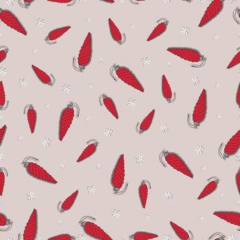 Christmas red tree toys on a beige background with snow seamless Vector pattern.