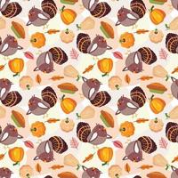 Thanksgiving day seamless pattern with a turkey, cake and autumn leaves. Autumn background. vector