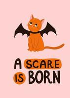 Happy Halloween - funny quote design with cute vamire teeth bat cat. Kitten calligraphy sign for print. Adorable cat poster with lettering, good for t shirts, gifts, mugs or other pritable designs vector