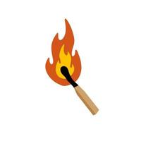 Burning match. Flame on wooden stick. Fire and ignition. Flat illustration isolated on white vector