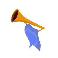 instrumento musical. trompeta. cuerno dorado con bandera. evento solemne. elemento de celebración y premios. sonido y melodía. ilustración de dibujos animados plana vector