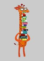 Conceptual illustration of a cartoon giraffe holding a large stack of books as a symbol of love for reading and learning. love to read books and learn new things, the desire for knowledge and success vector