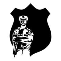 Policeman officer on duty vector silhouette illustration isolated on white background. Police man in uniform in patrol. Security service member protect people. Law and order.