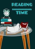 poster calling for more reading. Reading time guote. Vector poster of Glass table with books and alarm. Conceptual illustration of distance learning and home schooling