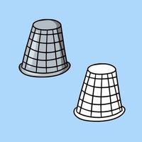 A set of images, a silver thimble for a seamstress, a vector illustration in cartoon style on a colored background