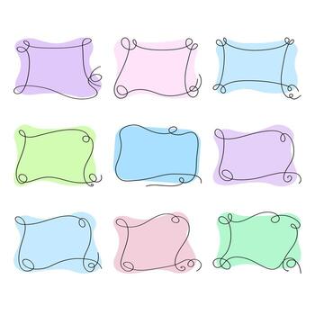 colección de marcos rectangulares con curlicues sobre un fondo coloreado, dibujados a mano con una línea, espacio de copia, ilustración vectorial vector