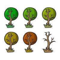 Set of colored icons, Decorative autumn tree with a round crown, vector illustration in cartoon style on a white background