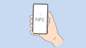 person, die ein handy mit nfc auf dem bildschirm hält. Client, der online mit Nahfeldkommunikationstechnologie bezahlt. moderne Technik und Gadget. Bewegungsdarstellung. video