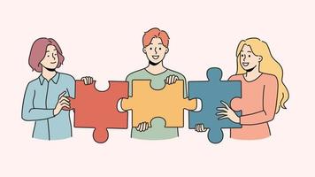 Happy employees connect jigsaw puzzles find solution to business problem. Smiling businesspeople engaged in teambuilding activity. Teamwork concept. Motion illustration. video