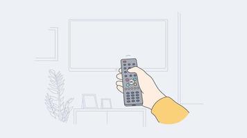 Person holding remote control watching TV at home. Tenant switching channels on television relaxing indoors. Leisure and entertainment. Motion illustration.
