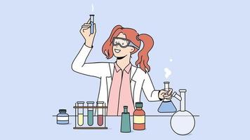 niña feliz trabajando con laboratorio de tubos. la científica femenina hace experimentos en el laboratorio. concepto de ciencia y química. ilustración de movimiento video