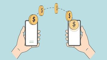 personas con teléfonos celulares que envían dinero con transacciones en línea. fácil transferencia financiera en smartphone en internet. tecnología moderna. ilustración de movimiento video