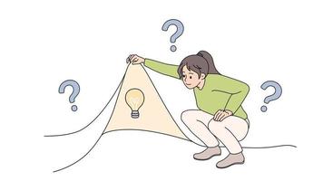 Woman looking under cover find lightbulb, solution to business problem. Female solve trouble generate creative business idea. Motion, illustration. video