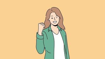 jovem animada faz sim gesto comemorar o sucesso ou a vitória. mulher sorridente sente triunfo eufórico com realização pessoal. movimento, ilustração. video