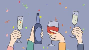 Hands holding glasses with alcohol celebrating party together. People with alcoholic drink have fun at celebration. Motion illustration. video