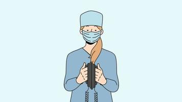 Doctor in uniform holding defibrillator in hands. Female nurse first aid resuscitation. Healthcare and medicine. Motion,illustration.