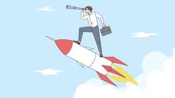 Businessman flying on rocket look in spyglass searching for new perspective and opportunities. Man employee strive for open business horizons. Motion. video
